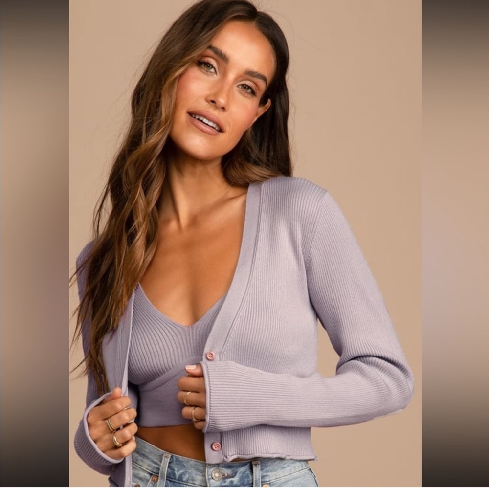 Lulu’s Lavender Ribbed Knit Crop Top & Cardigan Sweater Set - XS